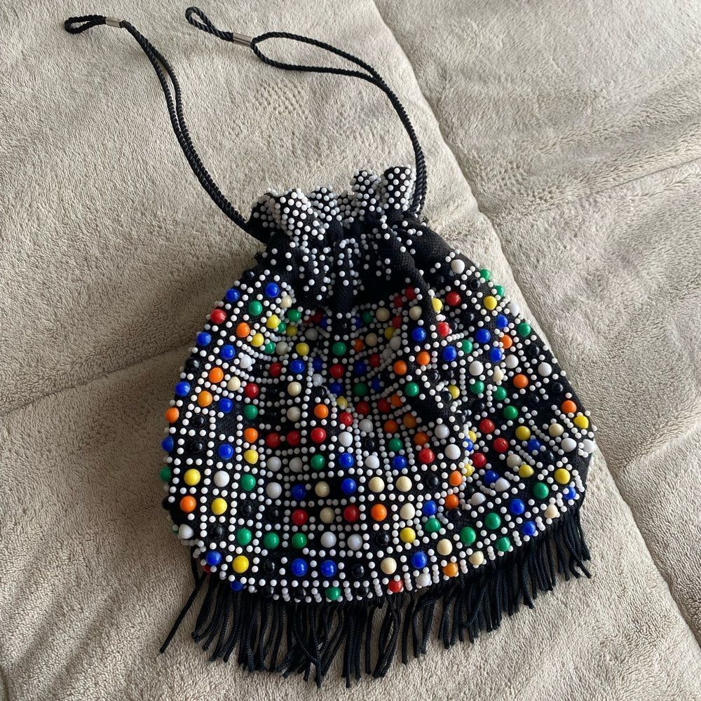 Vintage Colorful Beaded Black Drawstring Bag - 1970s Bingo Bag - Picture 5 of 7